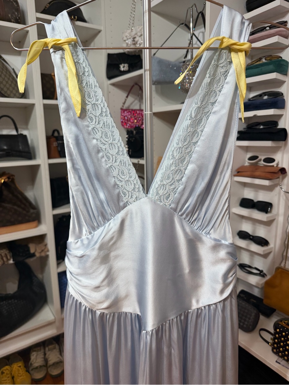 HELSA Satin Light Blue Maxi Dress with Yellow Shoulder Ties M - Picture 2 of 6